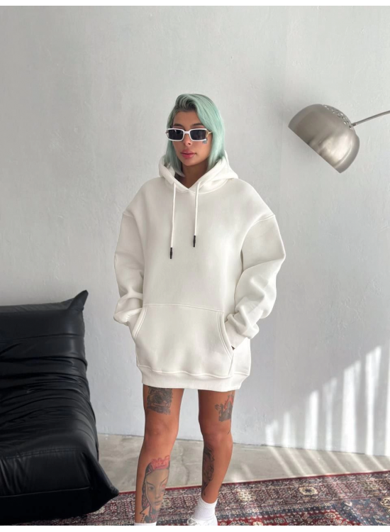 Kadın Kapüşonlu Kanguru Cepli 3 İplik Pamuklu Oversize Hoodie Sweatshirt - Beyaz