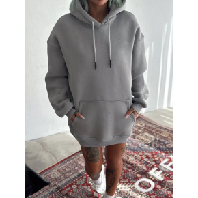 Kadın Kapüşonlu Kanguru Cepli 3 İplik Pamuklu Oversize Hoodie Sweatshirt -  Boyalı Gri