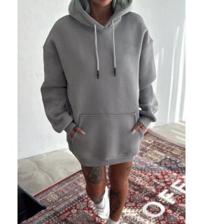 Kadın Kapüşonlu Kanguru Cepli 3 İplik Pamuklu Oversize Hoodie Sweatshirt -  Boyalı Gri