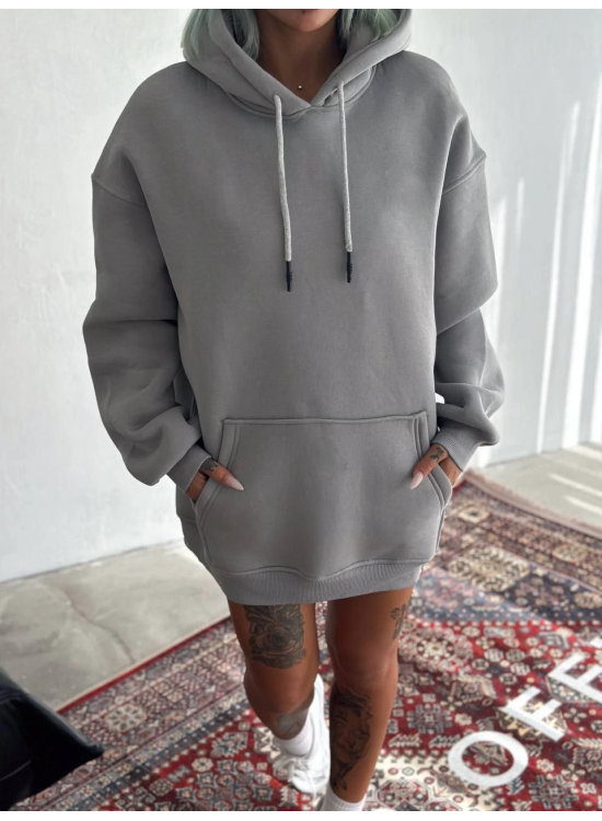 Kadın Kapüşonlu Kanguru Cepli 3 İplik Pamuklu Oversize Hoodie Sweatshirt - Boyalı Gri Kadın Kapüşonlu Kanguru Cepli 3 İplik Pamuklu Oversize Hoodie Sweatshirt - Boyalı Gri