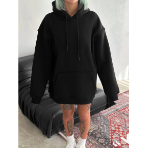 Kadın Kapüşonlu Kanguru Cepli 3 İplik Pamuklu Oversize Hoodie Sweatshirt - Siyah