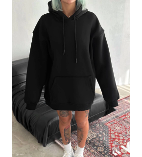 Kadın Kapüşonlu Kanguru Cepli 3 İplik Pamuklu Oversize Hoodie Sweatshirt - Siyah