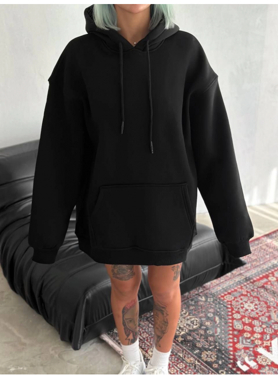 Kadın Kapüşonlu Kanguru Cepli 3 İplik Pamuklu Oversize Hoodie Sweatshirt - Siyah Kadın Kapüşonlu Kanguru Cepli 3 İplik Pamuklu Oversize Hoodie Sweatshirt - Siyah