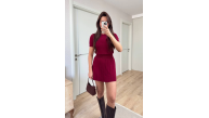 Kadın Kısa Kollu Bluz Mini Etekli ikili Takım Triko - Bordo