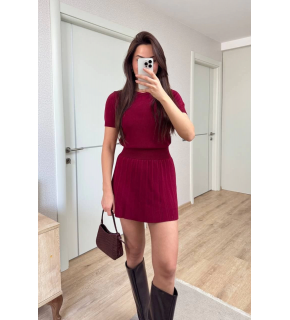 Kadın Kısa Kollu Bluz Mini Etekli ikili Takım Triko - Bordo