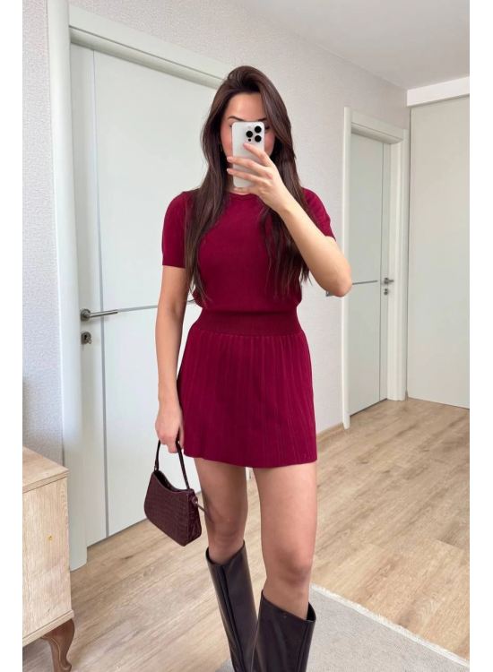 Kadın Kısa Kollu Bluz Mini Etekli ikili Takım Triko - Bordo