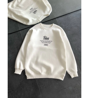 Kadın 3 iplik Pamuklu Bisiklet Yaka Baskılı SweatShirt - Beyaz