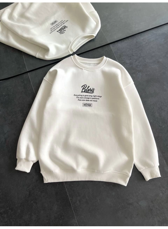 Kadın 3 iplik Pamuklu Bisiklet Yaka Baskılı SweatShirt - Beyaz