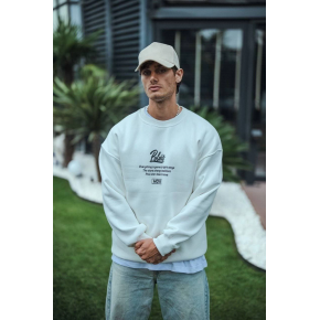 Erkek 3 iplik pamuklu Bisiklet Yaka Ön Ve Arka Baskılı SweatShirt - Beyaz