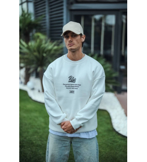 Erkek 3 iplik pamuklu Bisiklet Yaka Ön Ve Arka Baskılı SweatShirt - Beyaz
