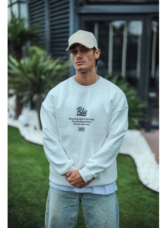 Erkek 3 iplik pamuklu Bisiklet Yaka Ön Ve Arka Baskılı SweatShirt - Beyaz