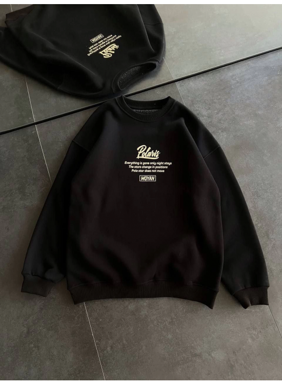Kadın 3 iplik Pamuklu Bisiklet Yaka Baskılı SweatShirt - Siyah