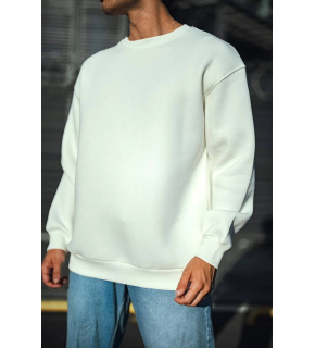 Erkek  Bisiklet Yaka 3 İplik Pamuklu Basic SweatShirt - Beyaz
