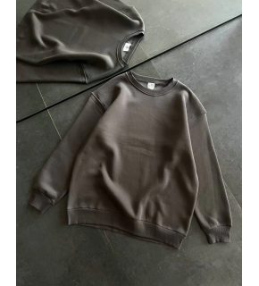 Kadın Bisiklet Yaka 3 İplik Pamuklu Basic SweatShirt - Füme