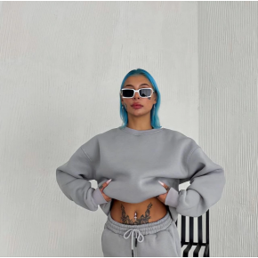 Kadın Bisiklet Yaka 3 İplik Pamuklu Basic SweatShirt - Gri