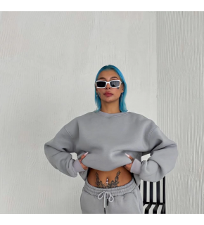 Kadın Bisiklet Yaka 3 İplik Pamuklu Basic SweatShirt - Gri