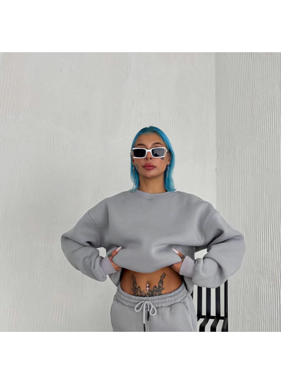 Kadın Bisiklet Yaka 3 İplik Pamuklu Basic SweatShirt - Gri Kadın Bisiklet Yaka 3 İplik Pamuklu Basic SweatShirt - Gri