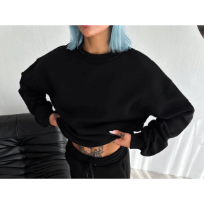 Kadın Bisiklet Yaka 3 İplik Pamuklu Basic SweatShirt - Siyah