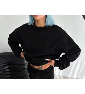 Kadın Bisiklet Yaka 3 İplik Pamuklu Basic SweatShirt - Siyah