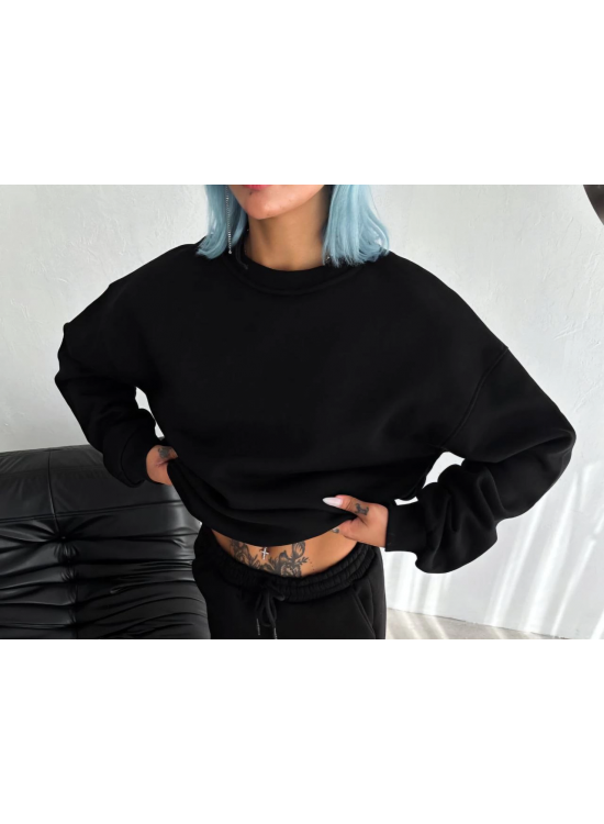 Kadın Bisiklet Yaka 3 İplik Pamuklu Basic SweatShirt - Siyah Kadın Bisiklet Yaka 3 İplik Pamuklu Basic SweatShirt - Siyah