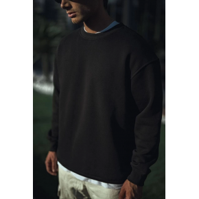 Erkek pamuklu Bisiklet Yaka 3 İplik Basic SweatShirt - Siyah