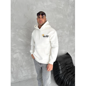 Erkek Kapüşonlu Kanguru Cepli Sweatshirt 3 İplik Pamuklu Baskılı Hoodie - Beyaz