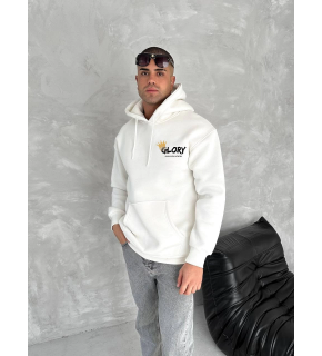 Erkek Kapüşonlu Kanguru Cepli Sweatshirt 3 İplik Pamuklu Baskılı Hoodie - Beyaz
