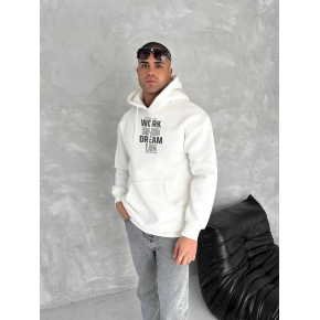 Erkek Kapüşonlu Kanguru Cepli Sweatshirt 3 İplik Pamuklu Baskılı Hoodie - Beyaz