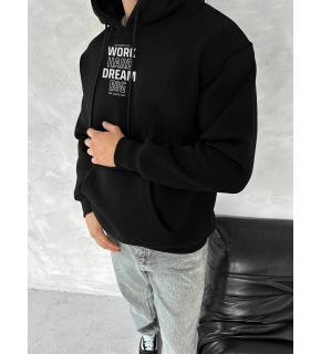 Erkek Kapüşonlu Kanguru Cepli Sweatshirt 3 İplik Pamuklu Baskılı Hoodie - Siyah