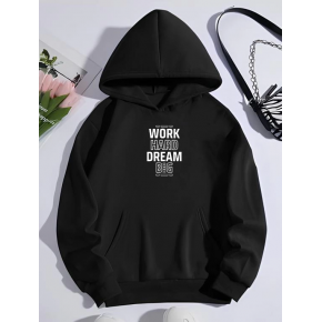 Kadın Oversize Kapüşonlu Cepli Baskılı 3 İplik Pamuklu Hoodie Sweatshirt - Siyah