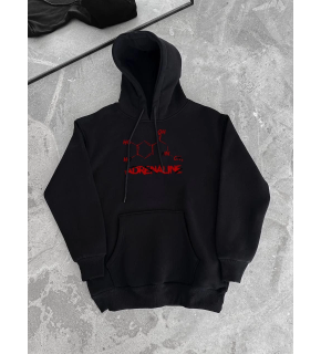 Kadın Oversize Kapüşonlu Cepli Baskılı 3 İplik Pamuklu Hoodie Sweatshirt - Siyah