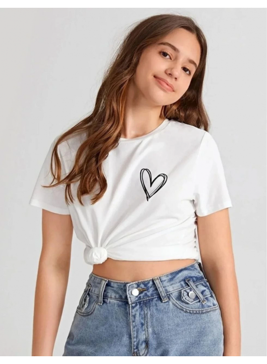Kız Çocuk Bisiklet Yaka Baskılı T-Shirt - Beyaz Kız Çocuk Bisiklet Yaka Baskılı T-Shirt - Beyaz