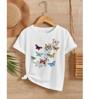 Kız Çocuk Bisiklet Yaka Baskılı T-Shirt - Beyaz
