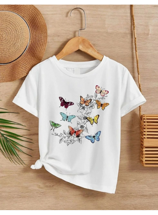 Kız Çocuk Bisiklet Yaka Baskılı T-Shirt - Beyaz Kız Çocuk Bisiklet Yaka Baskılı T-Shirt - Beyaz