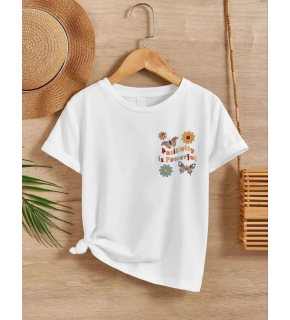 Kız Çocuk Bisiklet Yaka Baskılı T-Shirt - Beyaz