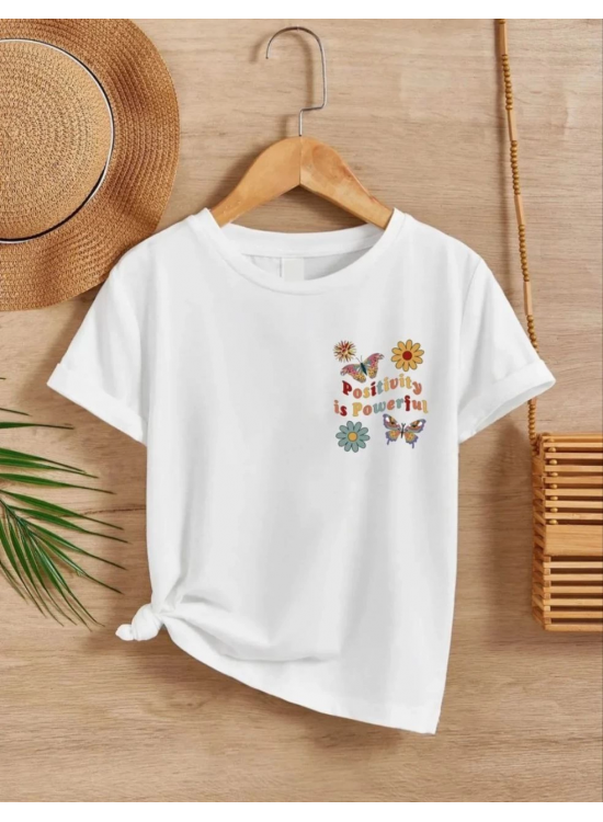Kız Çocuk Bisiklet Yaka Baskılı T-Shirt - Beyaz Kız Çocuk Bisiklet Yaka Baskılı T-Shirt - Beyaz