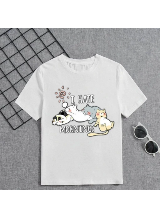 Kız Çocuk Bisiklet Yaka Baskılı T-Shirt - Beyaz Kız Çocuk Bisiklet Yaka Baskılı T-Shirt - Beyaz