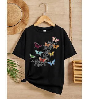 Kız Çocuk Bisiklet Yaka Baskılı T-Shirt - Siyah