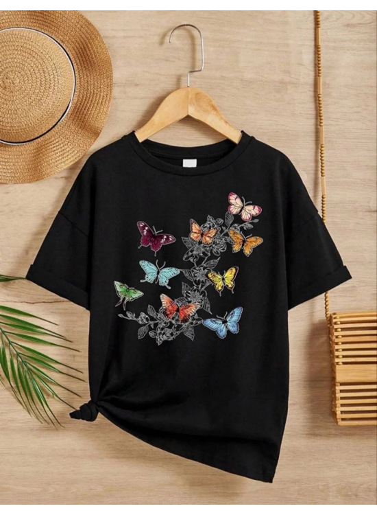 Kız Çocuk Bisiklet Yaka Baskılı T-Shirt - Siyah Kız Çocuk Bisiklet Yaka Baskılı T-Shirt - Siyah