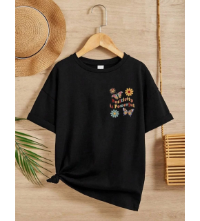 Kız Çocuk Bisiklet Yaka Baskılı T-Shirt - Siyah