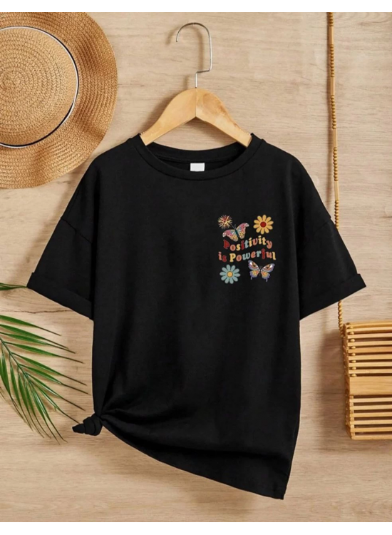 Kız Çocuk Bisiklet Yaka Baskılı T-Shirt - Siyah Kız Çocuk Bisiklet Yaka Baskılı T-Shirt - Siyah
