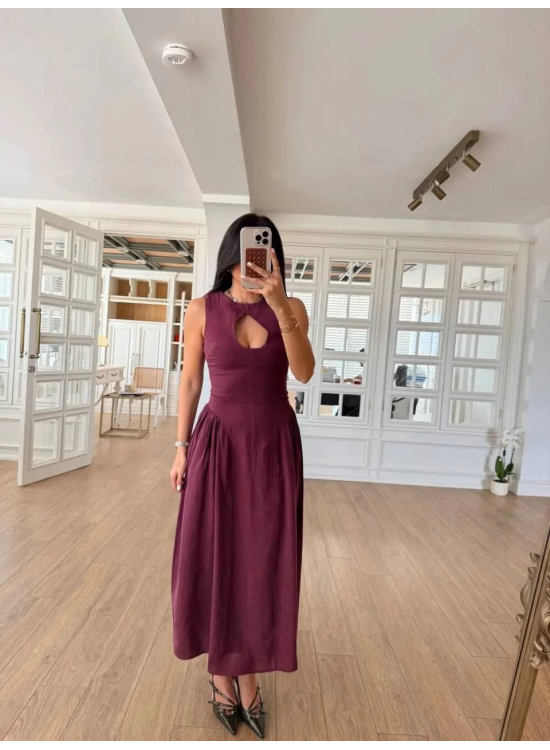 Kolsuz Uzun Kabardin Elbise - Bordo Kolsuz Uzun Kabardin Elbise - Bordo