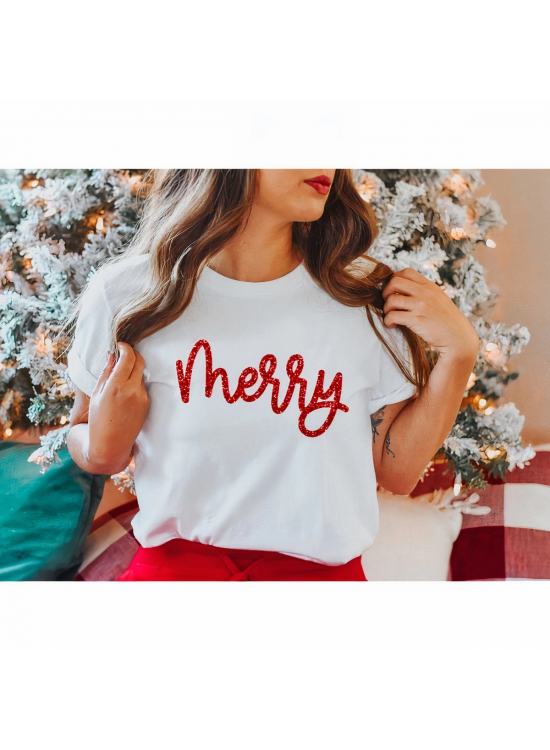 Yılbaşı Merry Christmas Baskılı Kısa Kollu Oversize Bisiklet Yaka T-shirt - Beyaz Yılbaşı Merry Christmas Baskılı Kısa Kollu Oversize Bisiklet Yaka T-shirt - Beyaz