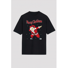 Yılbaşı Merry Christmas Noel Baba Baskılı Oversize Bisiklet Yaka T-shirt - Siyah