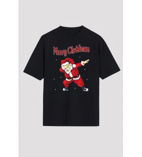 Yılbaşı Merry Christmas Noel Baba Baskılı Oversize Bisiklet Yaka T-shirt - Siyah