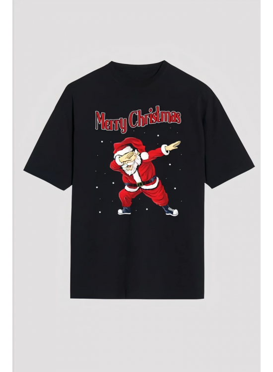 Yılbaşı Merry Christmas Noel Baba Baskılı Oversize Bisiklet Yaka T-shirt - Siyah Yılbaşı Merry Christmas Noel Baba Baskılı Oversize Bisiklet Yaka T-shirt - Siyah