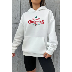 Yılbaşı Merry Christmas Baskılı Oversize Kapüşonlu Sweatshirt Hoodie - Beyaz
