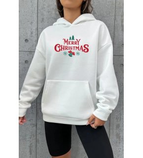 Yılbaşı Merry Christmas Baskılı Oversize Kapüşonlu Sweatshirt Hoodie - Beyaz
