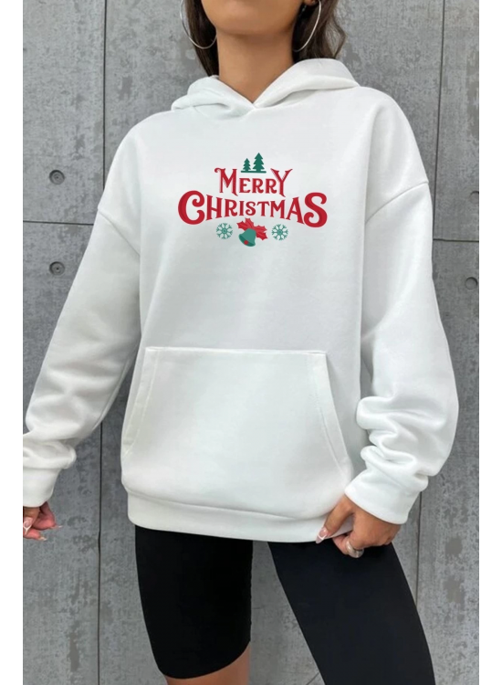 Yılbaşı Merry Christmas Baskılı Oversize Kapüşonlu Sweatshirt Hoodie - Beyaz Yılbaşı Merry Christmas Baskılı Oversize Kapüşonlu Sweatshirt Hoodie - Beyaz