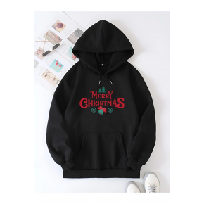 Yılbaşı Merry Christmas Baskılı Oversize Kapüşonlu Sweatshirt Hoodie - Siyah